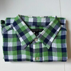 Banana Republic Green/White/Blue Plaid - 55% Linen/45% Cotton - Small
